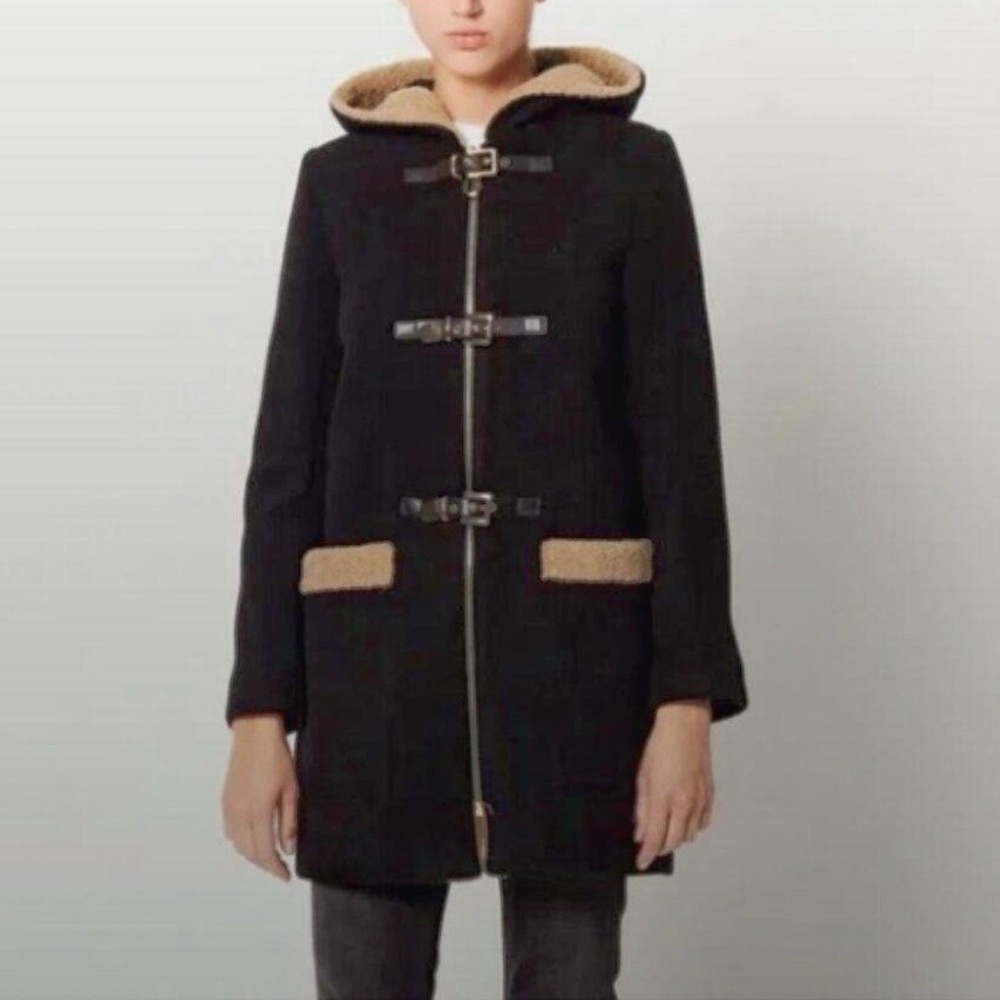 Sandro Paris Black Toggle Duffle Coat Wool French Designer Luxury, Women 36 Sm